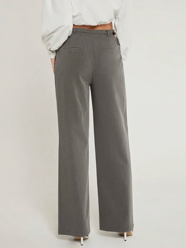 CM-BS372483 Women Casua; Seoul Style Buckle Cut Out Waist Wide Leg Pants - Dark Gray