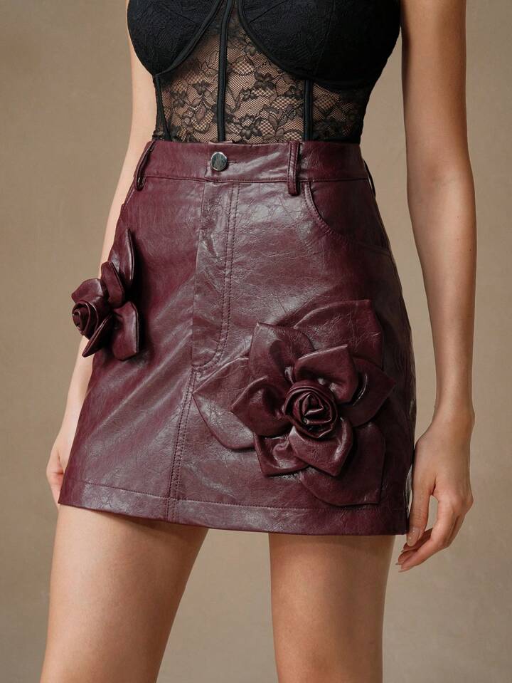 CM-BS212248 Women Casual Seoul Style 3D Floral Decor PU Leather Mini Skirt - Burgundy