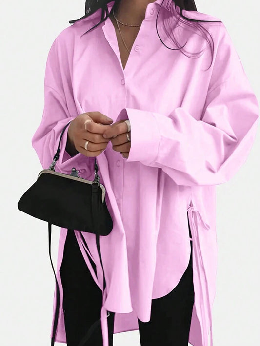 CM-TS728887 Women Casual Seoul Style Shirt Collar Batwing Long Sleeve Loose Shirt - Pink