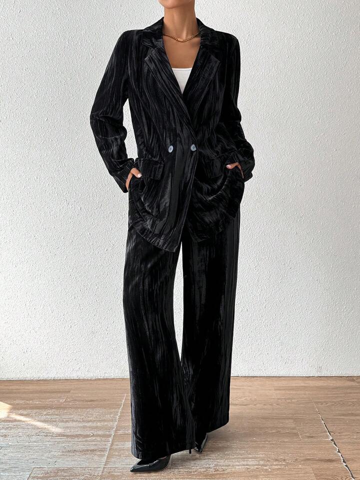 CM-SS634343 Women Elegant Seoul Style Stand Collar Long Sleeve Velvet Jacket With Straight Leg Pants Suit - Black