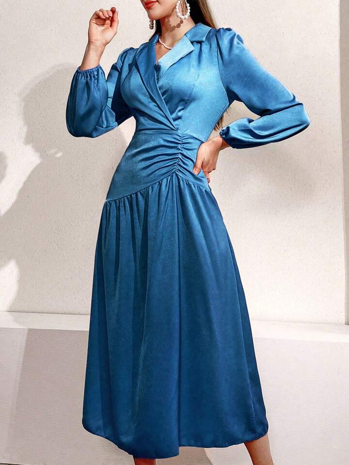 CM-DS641797 Women Casual Seoul Style Turn-Down Collar Lantern Sleeve Pleated Dress - Blue