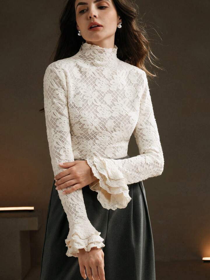 CM-TS929621 Women Elegant Seoul Style Stand Collar Long Sleeve Ruffle Cuff Fitted Crochet Blouse - Apricot