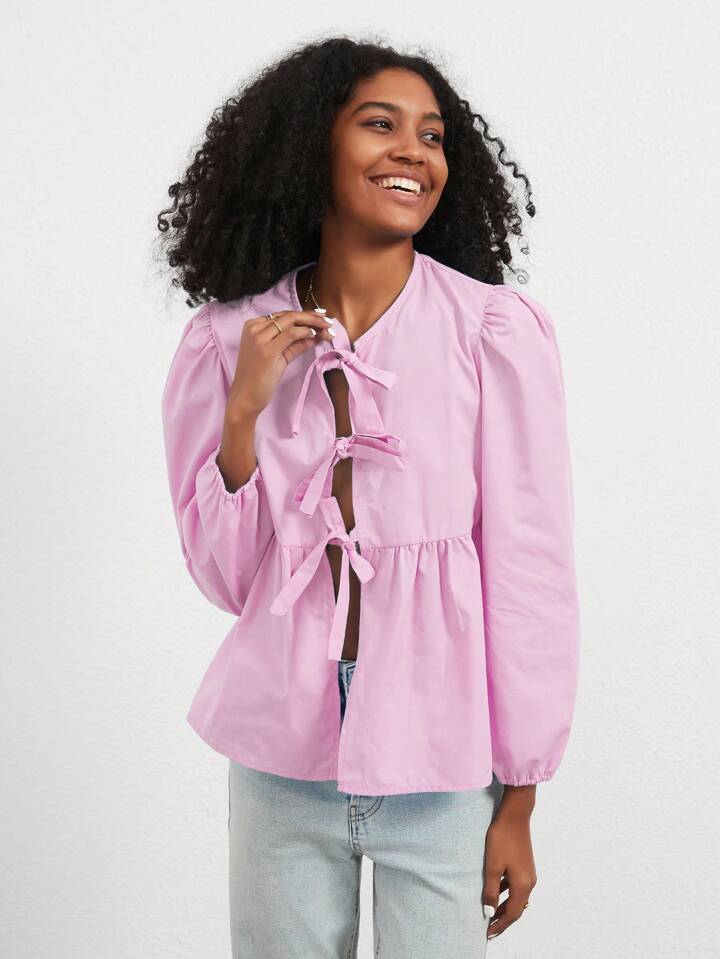 CM-TS866782 Women Casual Seoul Style Print Ruffle Hem Tie Long Sleeve Shirt - Pink