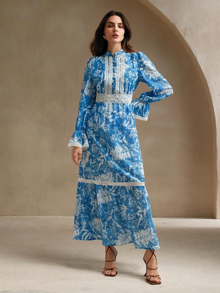CM-DS146626 Women Elegant Seoul Style Stand Collar Long Sleeve Floral Print High Waist Flare Dress - Blue