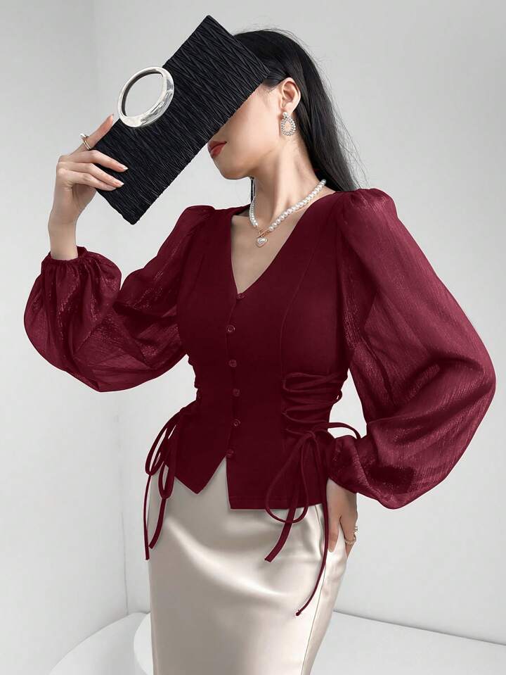 CM-TS872949 Women Elegant Seoul Style Sheer V-Neck Puff Lantern Sleeves Lace-Up Detail Blouse - Burgundy