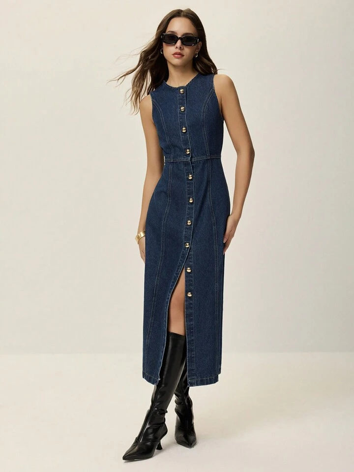 CM-BS846973 Women Casual Seoul Style Round Neck Front Button Sleeveless Midi Denim Dress