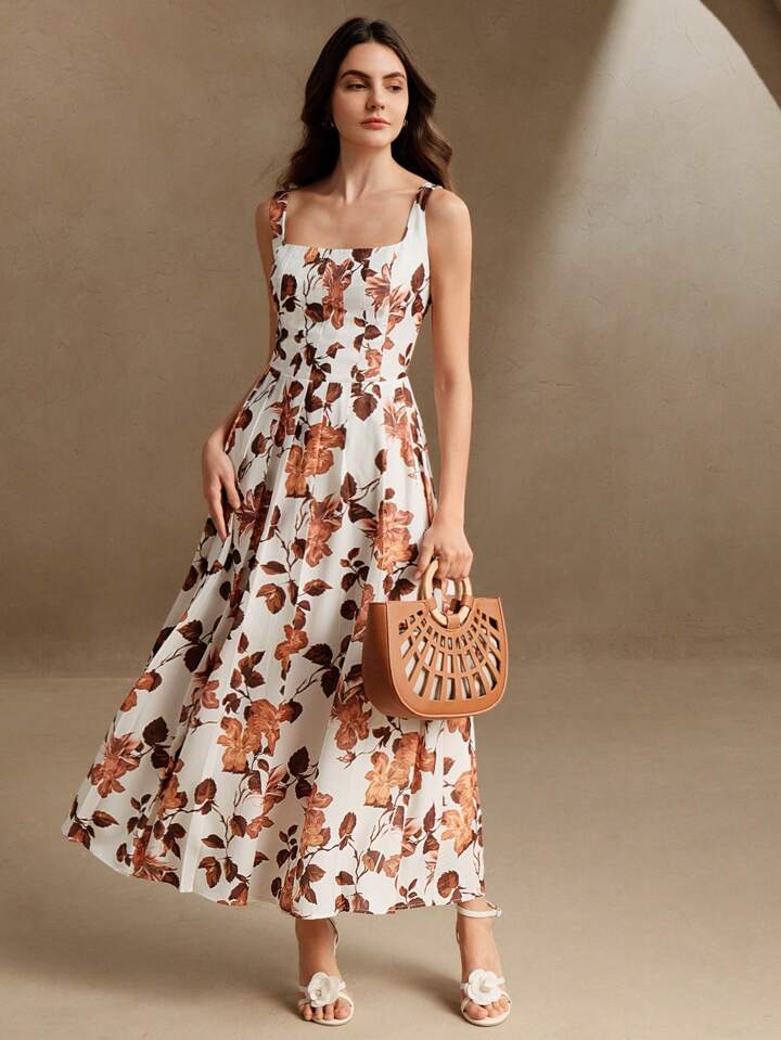 CM-DS918886 Women Elegant Seoul Style Floral Print Sleeveless High Waist Pleated Slip Dress - Khaki