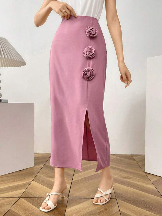 CM-BS954575 Women Elegant Seoul Style Solid Color Floral Decor Side Slit Skirt - Pink