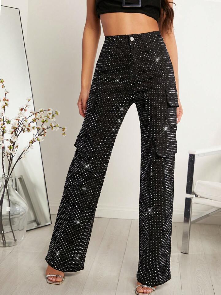 CM-BS557796 Women Elegant Seoul Style Rhinestone Flap Pocket Side Cargo Mid Ride Jeans - Black