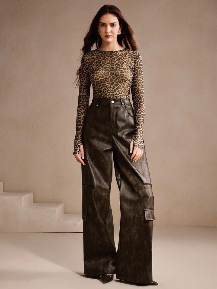 CM-BS445211 Women Elegant Seoul Style Mid Waist PU Leather Cargo Straight Leg Pants - Brown