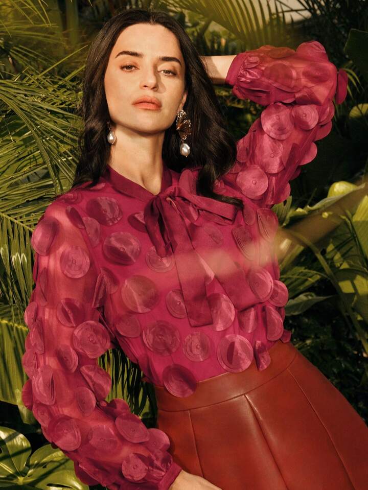 CM-TS210056 Women Elegant Seoul Style Bow 3D Circular Pleated Design Long Sleeve Blouse - Burgundy