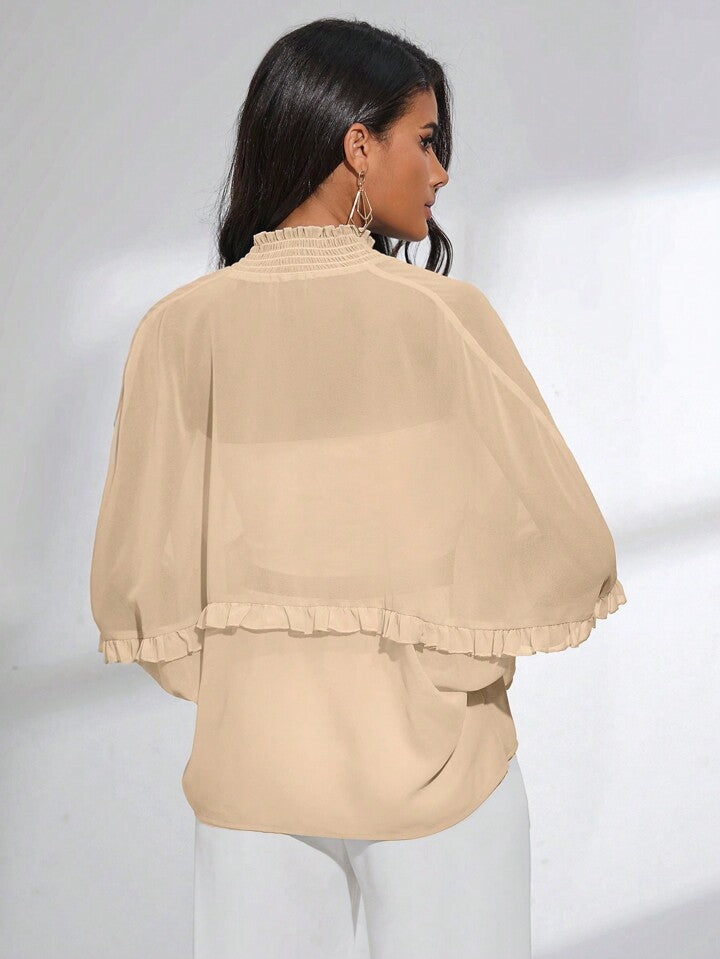 CM-TS937860 Women Trendy Bohemian Style Shirred Neck Batwing Sleeve Sheer Blouse - Beige