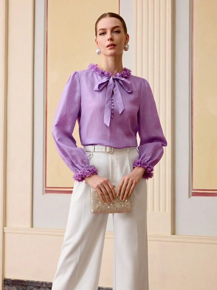 CM-TS111041 Women Elegant Seoul Style Appliques Tie Neck Long Sleeve Linen Blouse - Mauve Purple