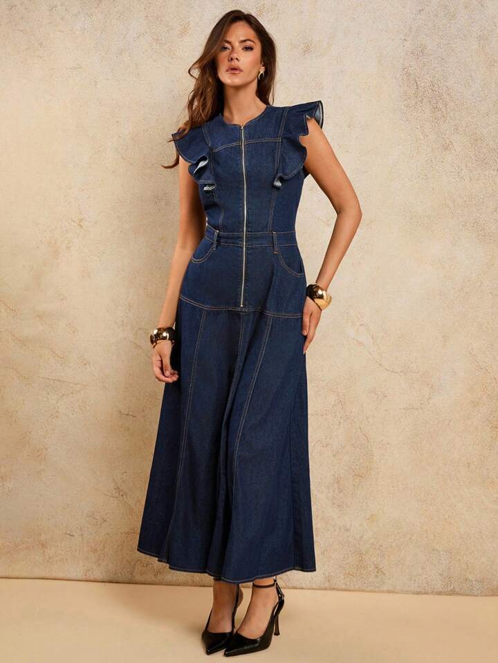 CM-DS035018 Women Elegant Seoul Style Solid Color Zip Fly Flutter Sleeve A-Line Ruffle Hem Denim Maxi Dress - Blue