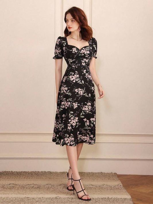 CM-DS677760 Women Trendy Bohemian Style Random Printed Short Sleeve Dress - Black