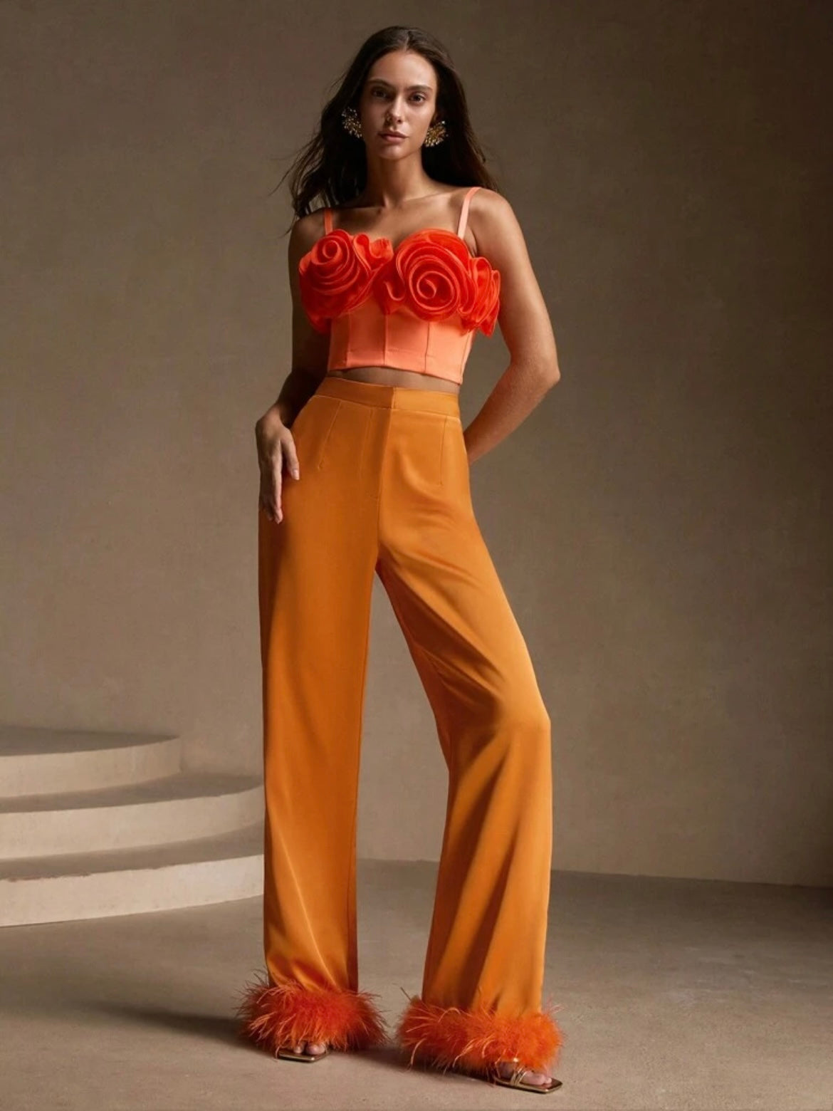 CM-BS786377 Women Elegant Seoul Style Contrast Feather Satin Wide-Leg Pants - Orange