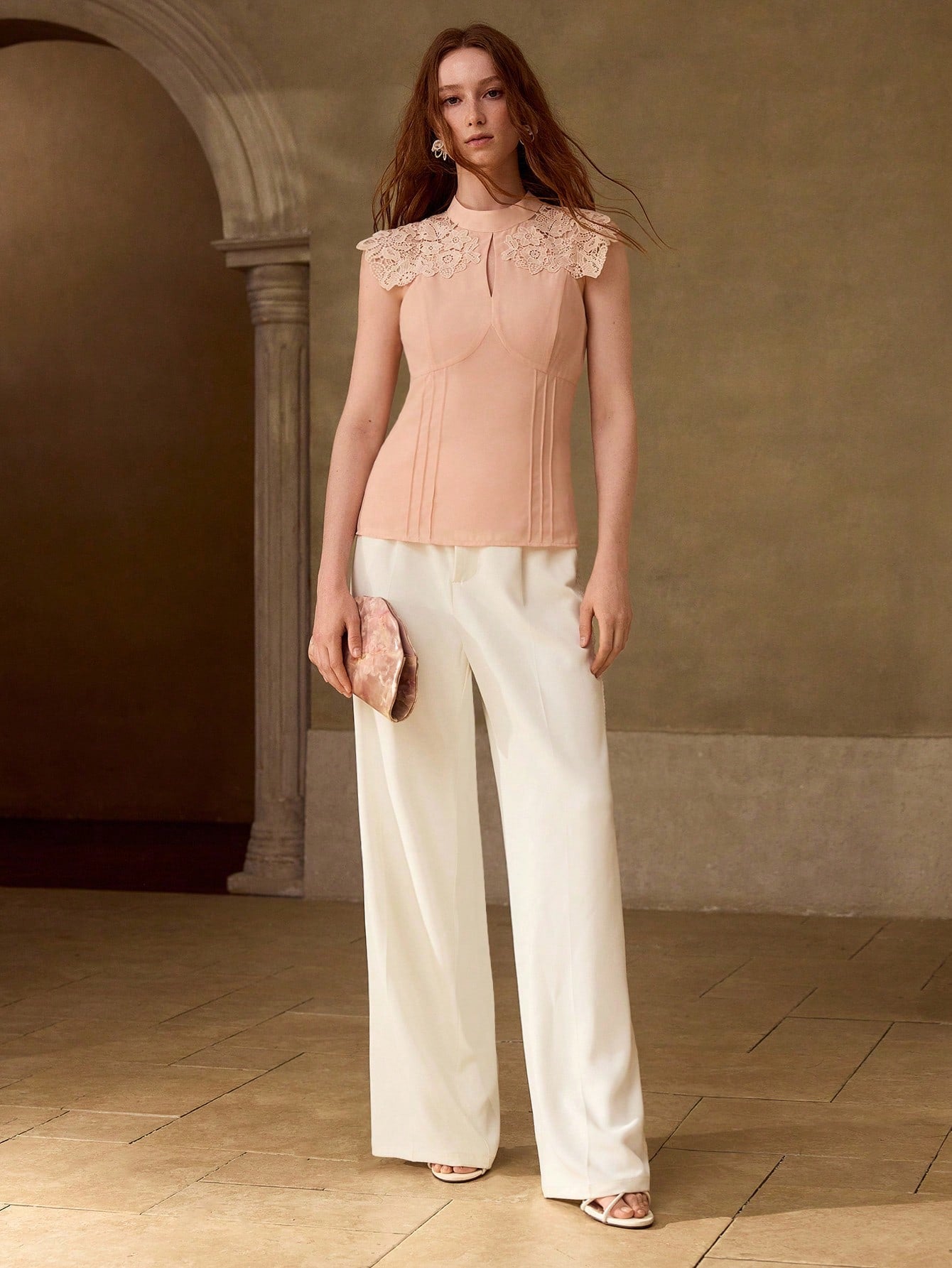 CM-TS792662 Women Elegant Seoul Style Round Neck Cap Sleeve Lace Patchwork Waist-Cinched Top - Baby Pink