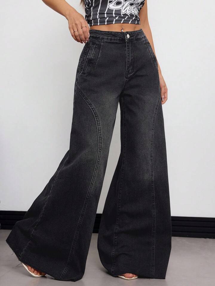 CM-BS765001 Women Elegant Seoul Style High Waist Loose Fit Pockets Wide Leg Jeans - Black