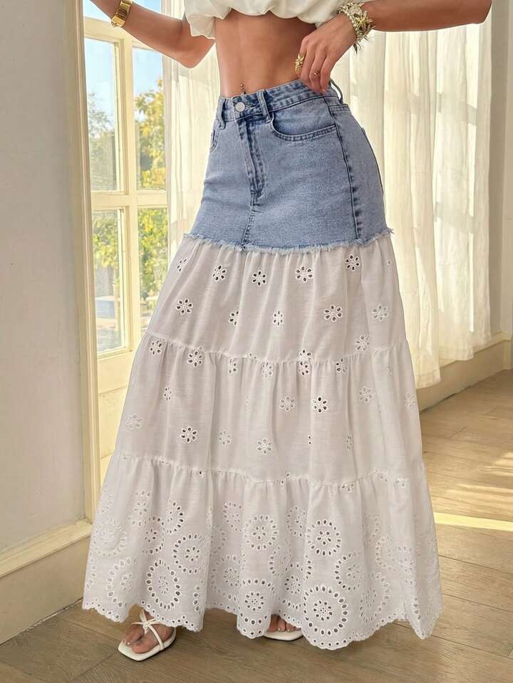 CM-BS483954 Women Casual Seoul Style Low Waist Hollow-Out Embroidery Patchwork Denim Skirt