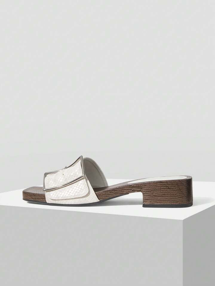 CM-SHS493873 Women Trendy Seoul Style Wooden Slip-On With Large Buckle PU Wedge Sandals - White