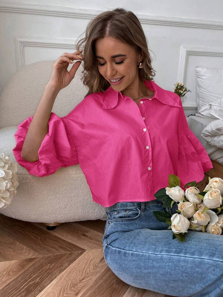 CM-TS063403 Women Casual Seoul Style Drop Bishop Sleeve Single Breasted Blouse - Hot Pink