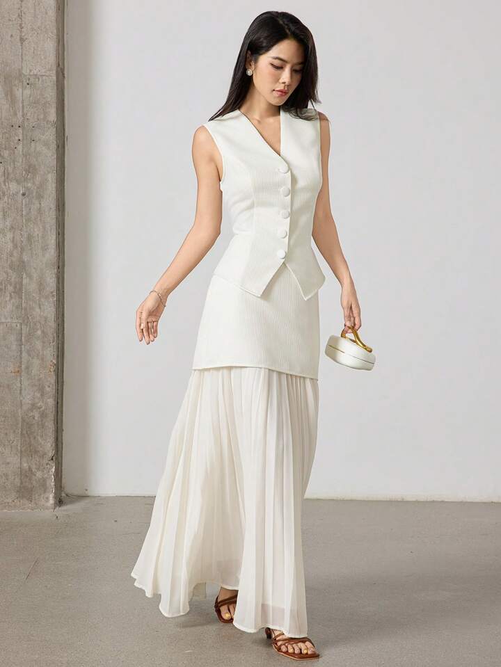 CM-SS751230 Women Elegant Seoul Style V-Neck Sleeveless Button Front Suit Vest With Pleated Long Skirt - Set