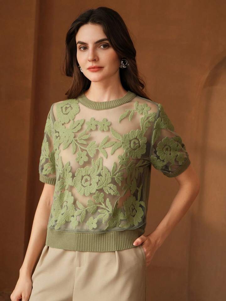 CM-TS717099 Women Casual Seoul Style Floral Mesh Round Neck Short Sleeve Knit Top - Army Green