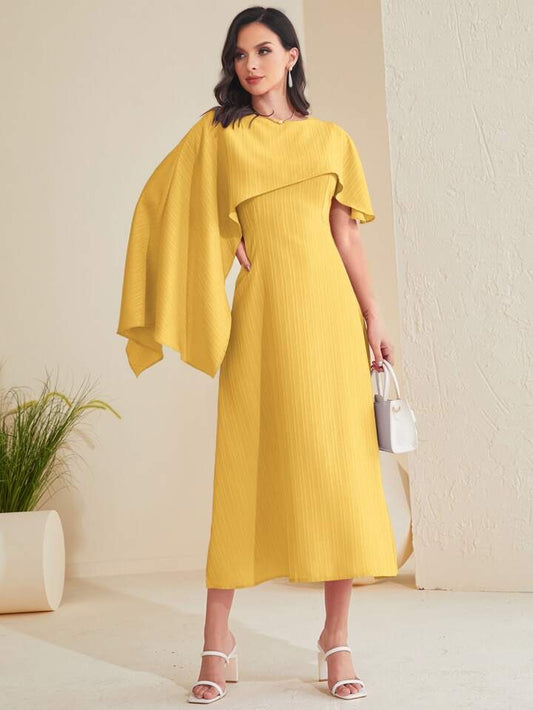 CM-DS167068 Women Casual Seoul Style Solid Asymmetrical Foldover Dress - Yellow