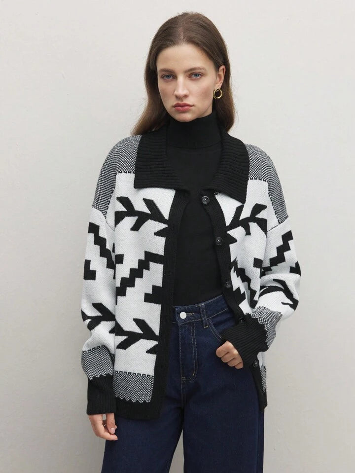 CM-CS360360 Women Casual Seoul Style Color Block Drop Shoulder Jacquard Knit Sweater