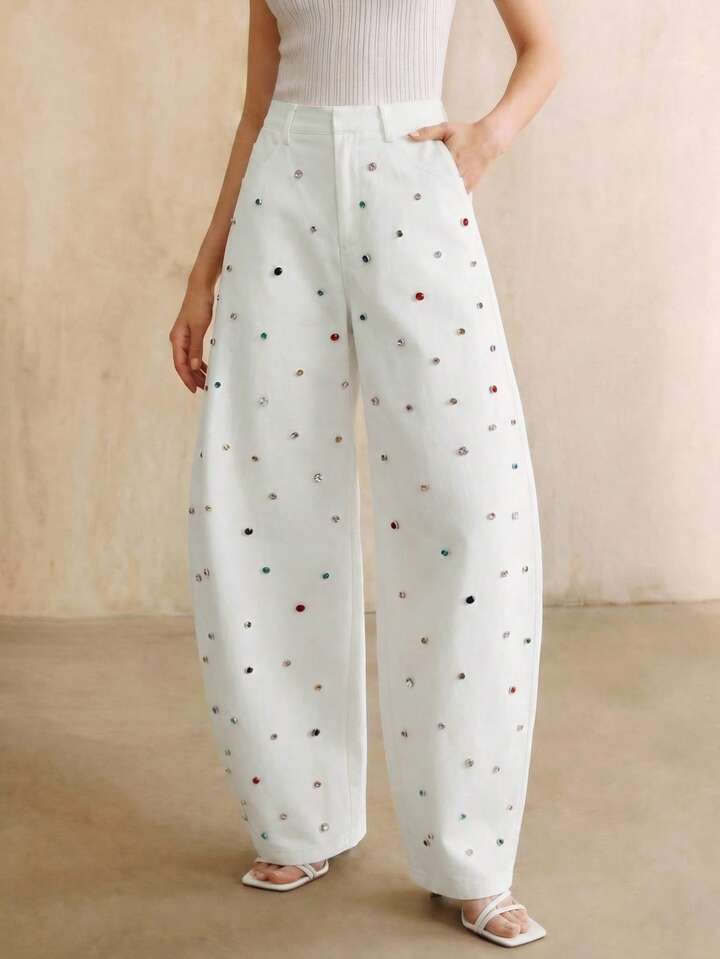 CM-BS763830 Women Elegant Seoul Style Mid Waist Colorful Rhinestone Decor Flared Pants - White