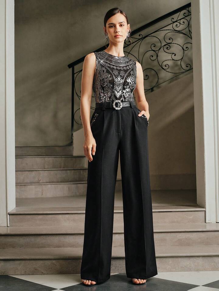 CM-TS151636 Women Elegant Seoul Style Stand Collar Sleeveless Slim Fit Beaded Vest Top - Black