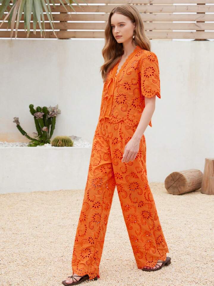 CM-SS428229 Women Trendy Bohemian Style V-Neck Short Sleeve Bowknot Tie Blouse With Long Pants - Set