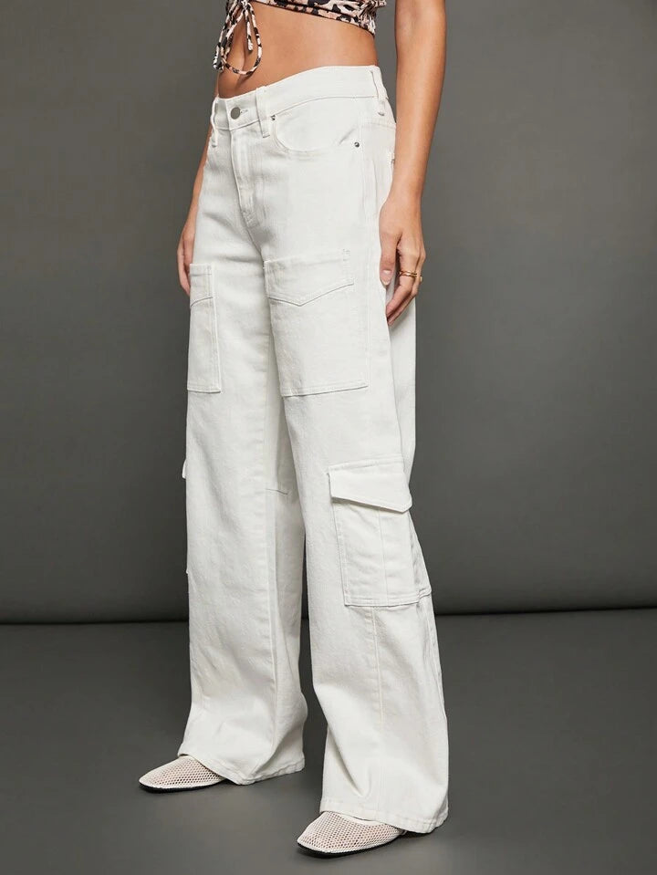 CM-BS703730 Women Casual Seoul Style Plain Zipper Fly Wide Leg Cargo Jeans - White