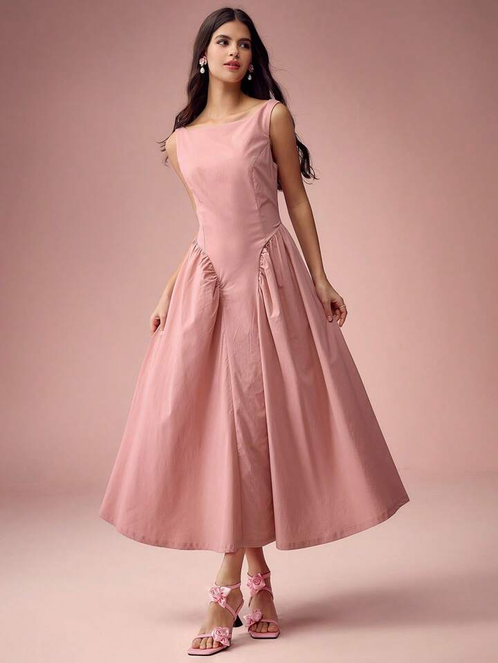 CM-DS145173 Women Elegant Seoul Style Solid Color Round Neck Pleated Long Sleeveless Dress - Pink