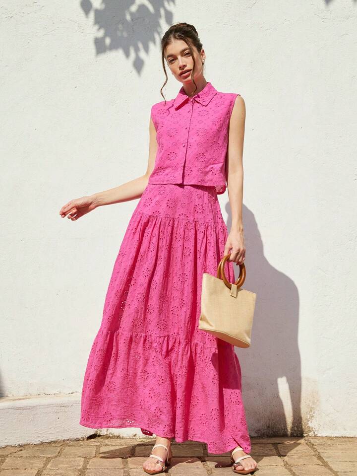 CM-SS049797 Women Casual Seoul Style Shirt Collar Sleeveless Loose Blouse With Ruched Maxi A-Line Skirt - Set