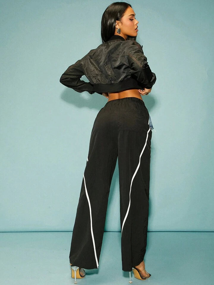 CM-BS452161 Women Casual Seoul Style High Waist Patchwork Front Button Pocket Denim Trousers