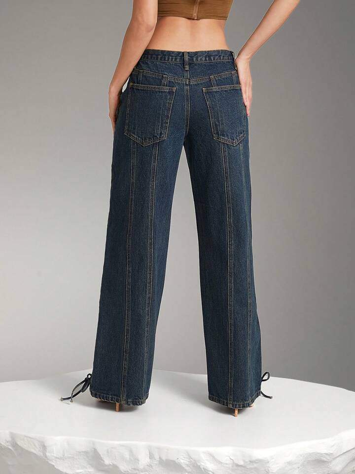 CM-BS613959 Women Casual Seoul Style Lace Up Exttra Long Wide Leg Denim Jeans
