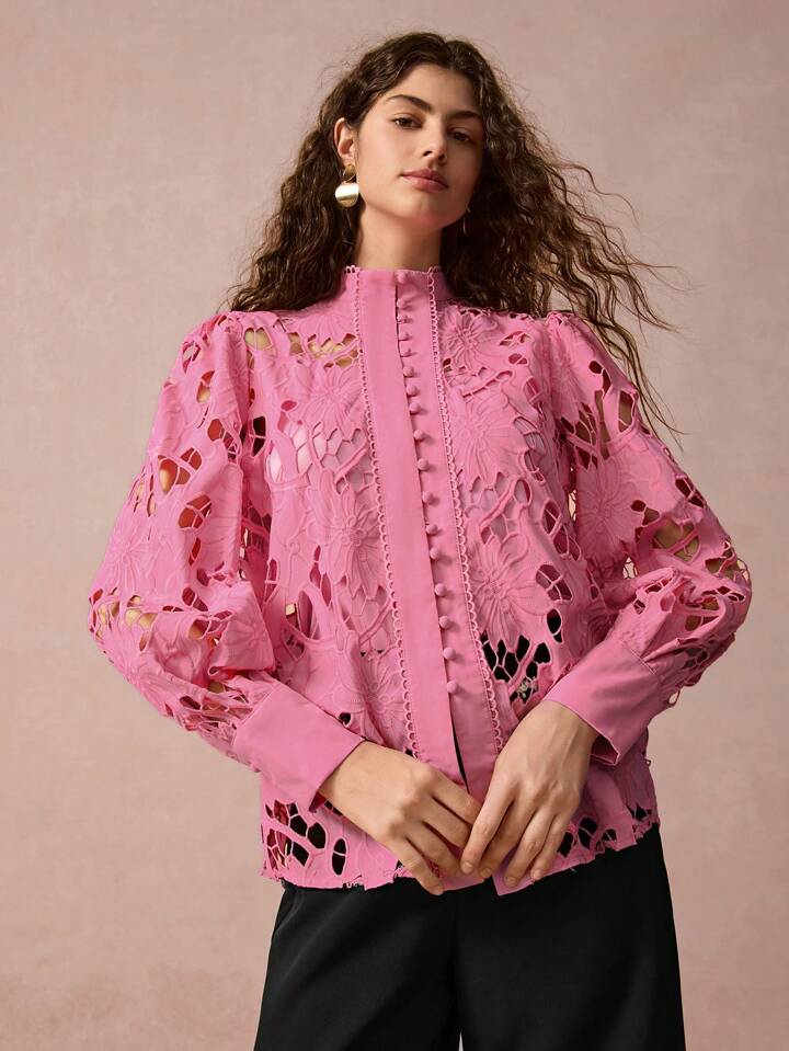 CM-TS490679 Women Elegant Seoul Style Embroidered Cutout Patchwork Stand Collar Button Front Shirt
