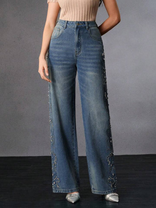 CM-BS854729 Women Elegant Seoul Style Mid Waist Embroidered Straight Leg Jeans - Blue