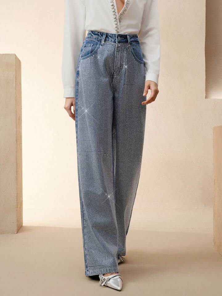 CM-BS434254 Women Elegant Seoul Style Mid Waist Rhinestone Embellished Straight-Leg Jeans - Blue