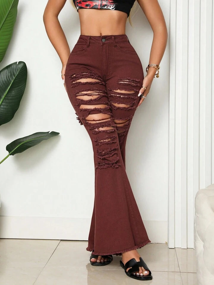 CM-BS567564 Women Casual Seoul Style Pocket Distressed Skinny Flared Jeans - Burgundy