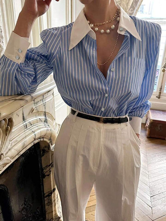 CM-TS630666 Women Casual Seoul Style Striped Button-Up Shirt Collar Long Sleeve Blouse - Blue