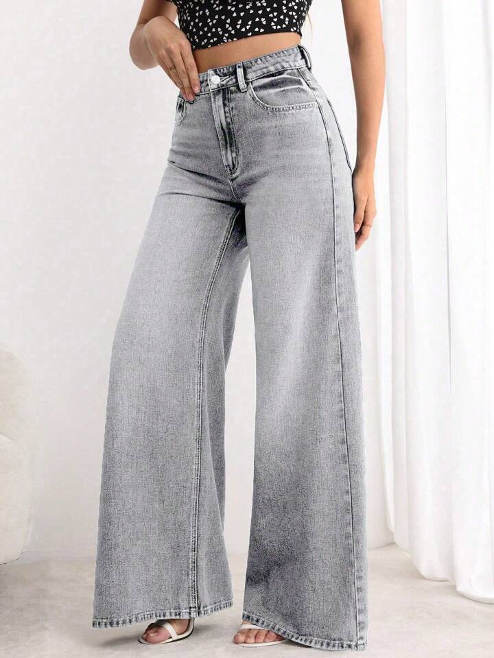 CM-BS639951 Women Elegant Seoul Style Button Front Pocket Loose Wide Leg Jeans - Light Gray