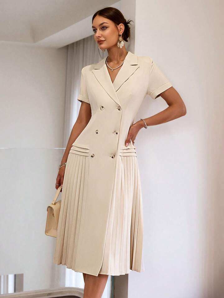 CM-DS796631 Women Elegant Seoul Style Solid Color Short Sleeve Pleated Hem Midi Dress - Apricot