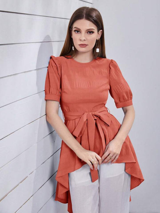CM-TS730515 Women Casual Seoul Style Round Neck Bubble Short Sleeve Aymmetric Hem Blouse