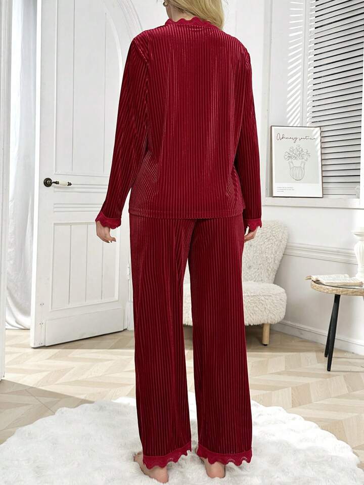 CM-LS590255 Women Trendy Seoul Style V-Neck Long Sleeve Lace Trim Velvet Pajama Set - Burgundy