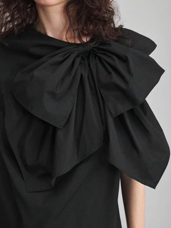 CM-TS225775 Women Casual Seoul Style Round Neck Batwing Sleeve Bow Decor Blouse - Black