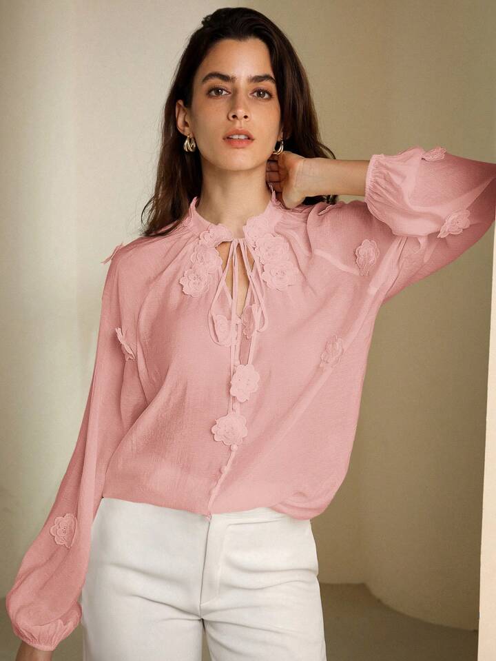CM-TS319089 Women Elegant Seoul Style V-Neck Tie-Waist 3D Floral See-Through Blouse - Pink