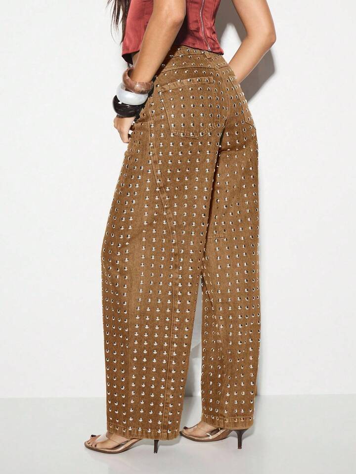 CM-BS911336 Women Casual Seoul Style High Waisted Metal Studs Wide Leg Palazzo Jeans - Brown