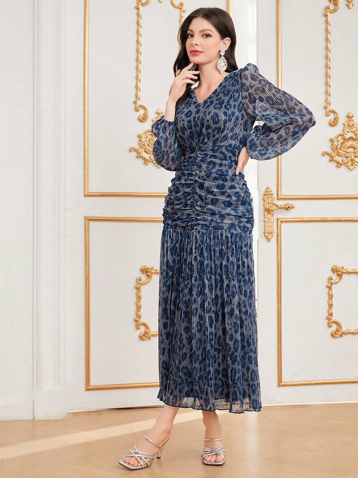 CM-DS161699 Women Elegant Seoul Style V-Neck Print Pleated Ruffle Hem Dress - Navy Blue